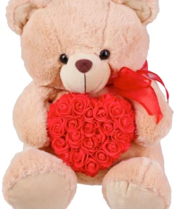 Λούτρινο Αρκουδάκι Μπεζ 40 εκ Με Καρδιά Λουλούδια (VL224014)
