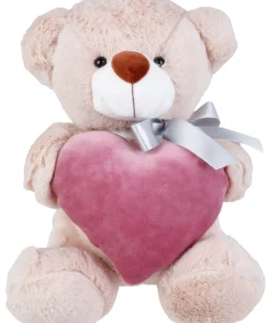 Λούτρινο Αρκουδάκι Μπεζ 25 εκ Με Βελούδινη Καρδιά Χρώμα Σάπιο Μήλο (VL222517)