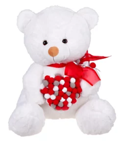 Λούτρινο Αρκουδάκι 40εκ Λευκό Με Καρδιά Απο Πονπον (VL214005)