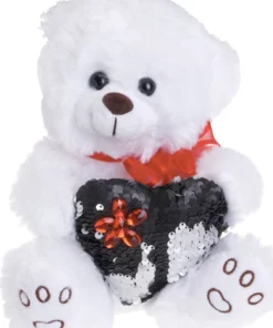 Λούτρινο αρκουδάκι Λευκό Με Μαύρη Καρδιά Από Παγέτες (VL202012)