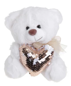 Λούτρινο Αρκουδάκι Μινι 18εκ Λευκό Με Χρυσή Καρδιά Παγέτα (VL201803)